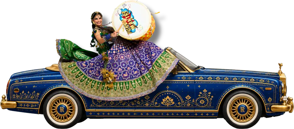 Purva Mantri riding the Gaayera dhol truck through Ahmedabad